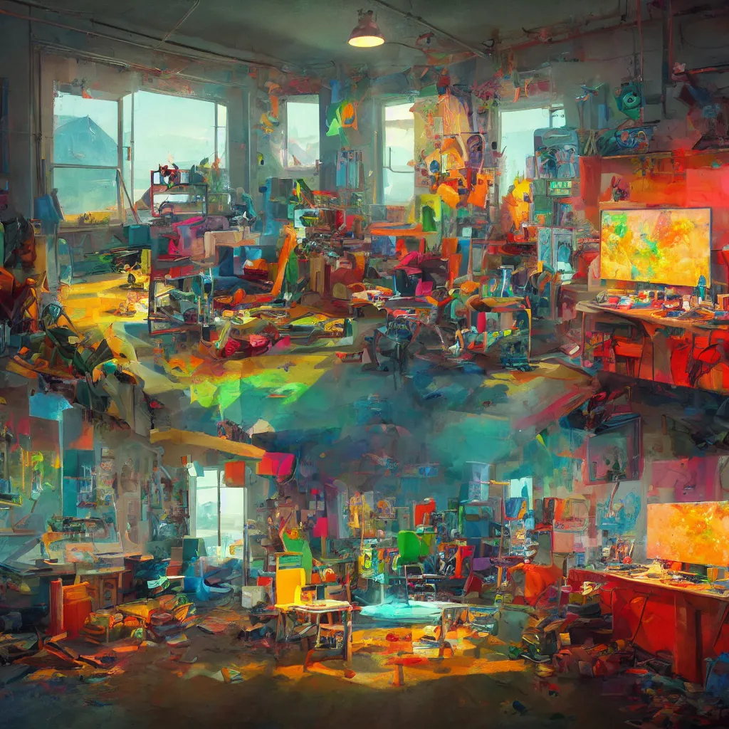 Prompt: an colorful art studio in a painting from stalenhag, 4 k, 8 k, hdr, artstation, concept art