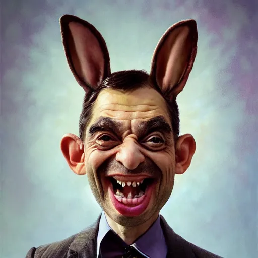 Prompt: hyper realistic, close up portrait of a mega derpy mr. bean, big chungus, with bunny ears, smoking massive amounts of weed, big smile, buck teeth, by greg rutkowski, scott m fischer, artgerm, loish, slight glow, atmospheric, anne stokes, alexandros pyromallis, giger, 4 k, 8 k