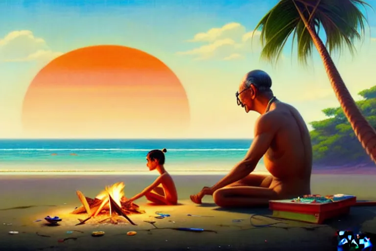 Image similar to gandhi at the beach, sitting on the sand next to a campfire, with palm trees in the back, by artgerm, ilya kuvshinov katsuhiro villeneuve, jeremy lipkin and michael garmash and rob rey, disney pixar zootopia, by tristan eaton, stanley artgermm, tom bagshaw, greg rutkowski, carne griffiths