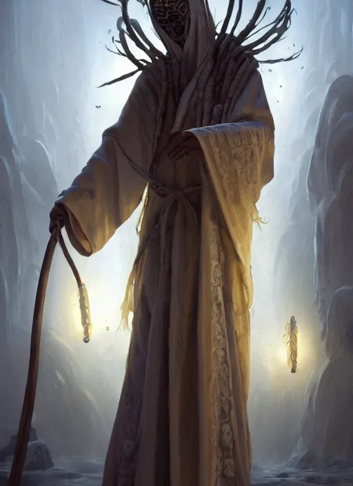 Prompt: slender high priest with a robe made of salt, strange headdress, subsurface scattering, by jesper ejsing, justin gerard, tomasz alen kopera, cgsociety and fenghua zhong, highly detailed, rim light, cinematic lighting, illustration, art, octane render, very coherent, cinematic, hyper realism, high detail, octane render, 8 k