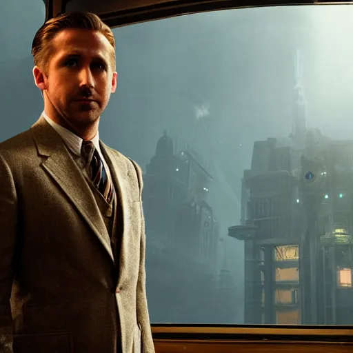 Image similar to a highly detailed cinematic photo from a live - action bioshock movie. andrew ryan, portrayed by ryan gosling, is shown standing in a 1 9 3 0's office with a large desk in front of a floor - to - ceiling window looking out onto the underwater city of rapture shining in the distance, sea life is shown outside of the window