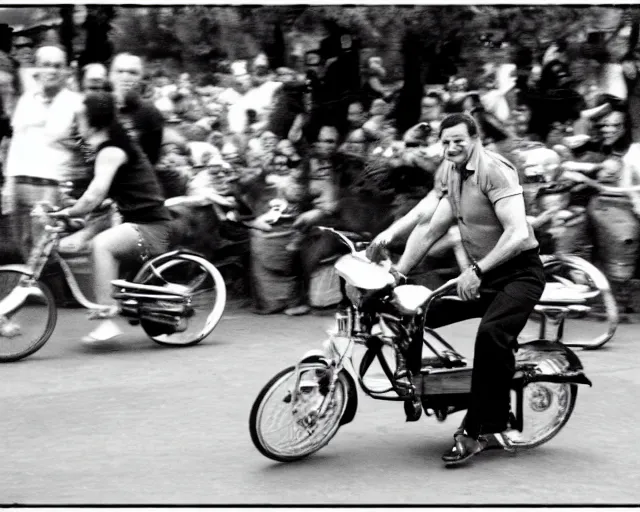 Prompt: 3 5 mm photograph of vince mcmahon pulling a wheelie on a monkey bike