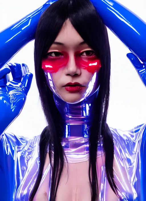 Image similar to a close-up risograph long shot of cyberpunk japanese model girl with black eyes and visible face wearing latex catsuit and lots of transparent and cellophane accessories, blue hour, twilight, cool, portrait, soft red lights, Kodachrome, ISO1200,