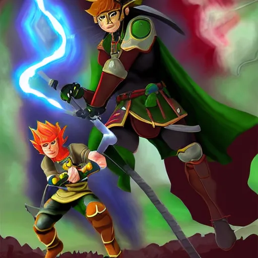 Image similar to lonk fighting ganondorf, digital art