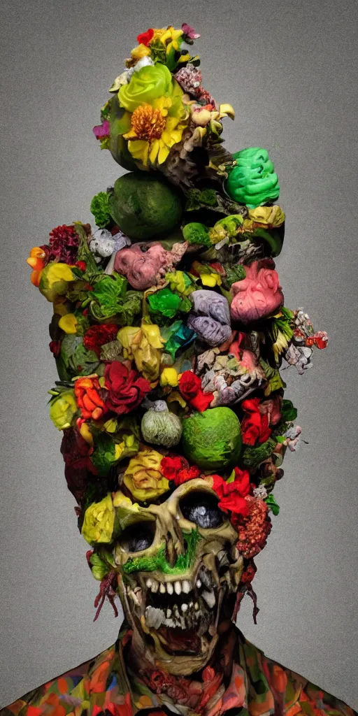 Image similar to portrait of a zombie punk, head made of fruit and flowers in the style of arcimboldo, photorealistic, dynamic lighting, action figure, clay sculpture, claymation, soft multicolor background