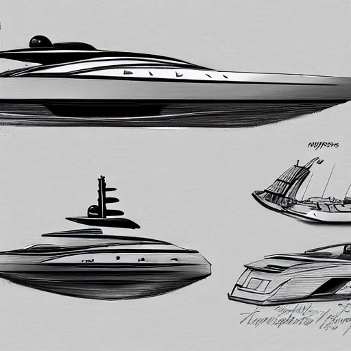 Prompt: sketches of super yacht, technical, detailed