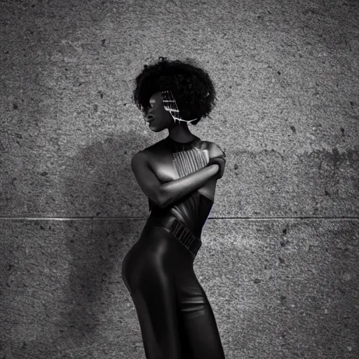 Image similar to fashion photography of a black model, short hair, wearing demobaza fashion, inside berghain, berlin fashion, futuristic fashion, dark minimal outfit, photo 3 5 mm leica, hyperdetail, berghain, 8 k, very detailed