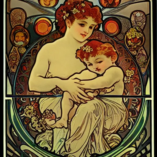 Image similar to cherub with four faces in one, byalphonse mucha