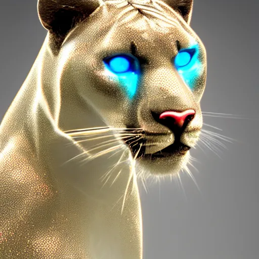 Image similar to multifaceted swarovski panther render, rainbow refraction, polished, highly reflective, porcelain, opal, quartz, diamond volumetric lighting, octane render, 8 k, photorealistic, ultra realistic