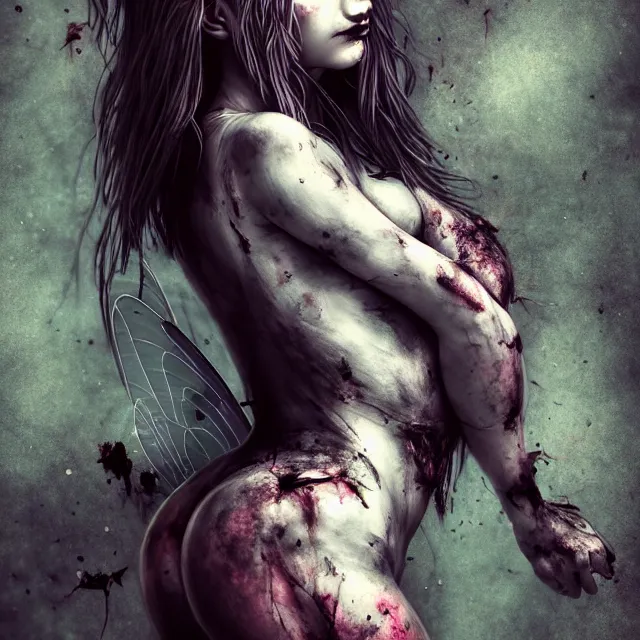 Image similar to full body pose, beautiful adult wounded fairy, dirty, grungy, grunge, highly detailed, 4 k, hdr, smooth, sharp focus, high resolution, award - winning photo, artgerm, photorealistic
