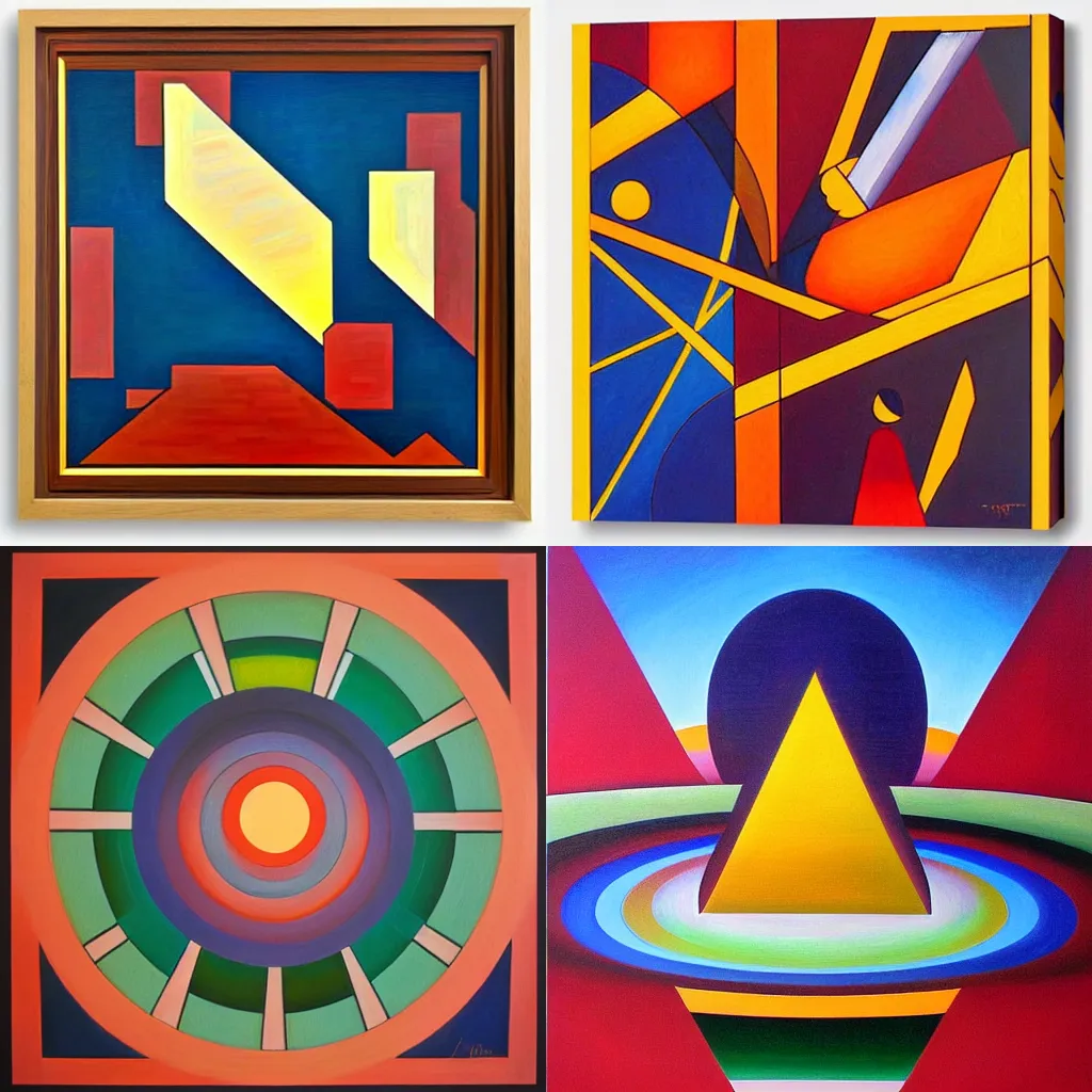 Prompt: abstract geometric art representing creation, oil painting designed by Frank Lloyd Wright, precisionist style