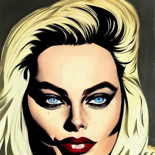 Prompt: page texture canvas texture eye shadow makeup smokey eyes margot robbie by artgem by brian bolland by alex ross by artgem by brian bolland by alex rossby artgem by brian bolland by alex ross by artgem by brian bolland by alex ross