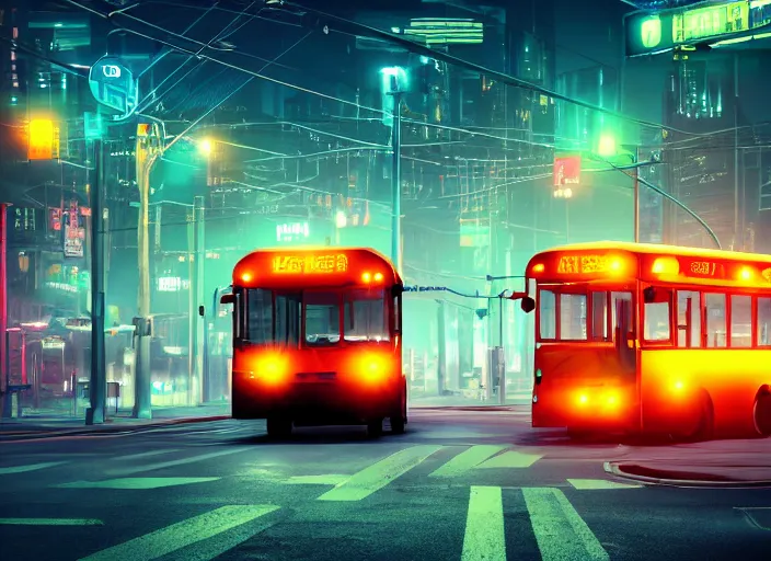 Image similar to trolleybus stands at a stop, headlights shine with neon light, atmospheric, futuristic, cyberpunk, ray tracing global illumination, 8 k resolution, ultra detailed