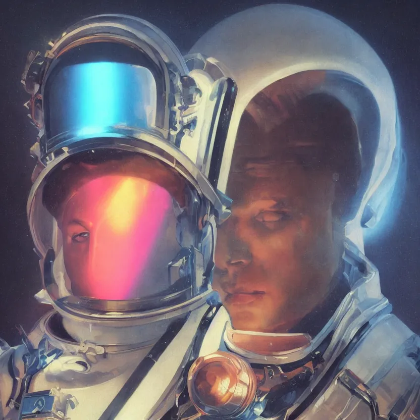 Prompt: a baroque neoclassicist close - up portrait of a colorful retrofuturistic blacklight uv silhouette of an astronaut transparent visor reflective gradient glowing fog in the background. renaissance portrait painting. highly detailed science fiction painting by norman rockwell, frank frazetta, and syd mead. rich colors, high contrast, gloomy atmosphere, dark background. trending on artstation