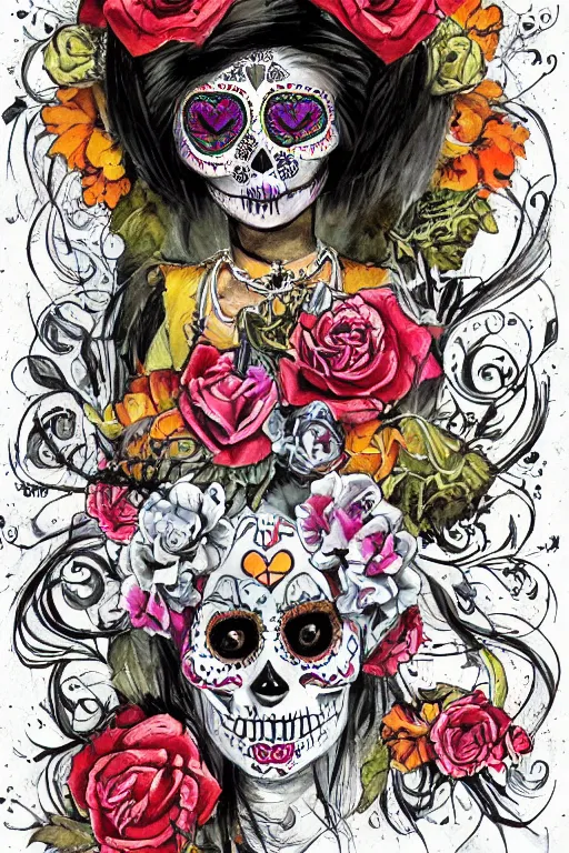 Prompt: illustration of a sugar skull day of the dead girl, art by ralph steadman