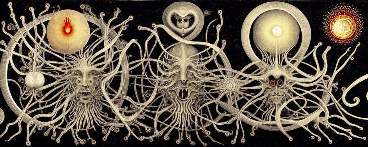 Prompt: a strange creature with endearing eyes radiates a unique canto'as above so below'while being ignited by the spirit of haeckel and robert fludd, breakthrough is iminent, glory be to the magic within, in honor of saturn, painted by ronny khalil