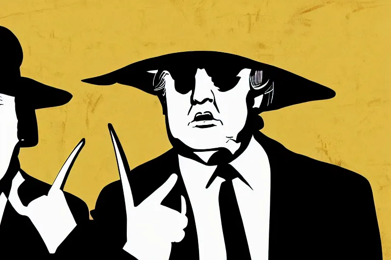 Image similar to poster matte shaded illustration of donald trump and donald trump wearing trench coats and big floppy black spy hats carrying boxes, starring in spy vs spy