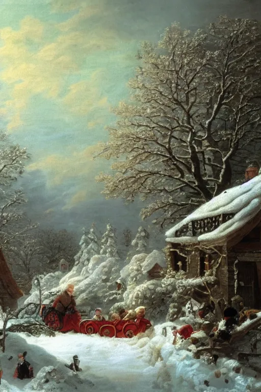 Prompt: A beautiful oil painting of a winter landscape village and sled in the 18th century by Francois Boucher, detailed, beautiful deep colors, trending on artstation