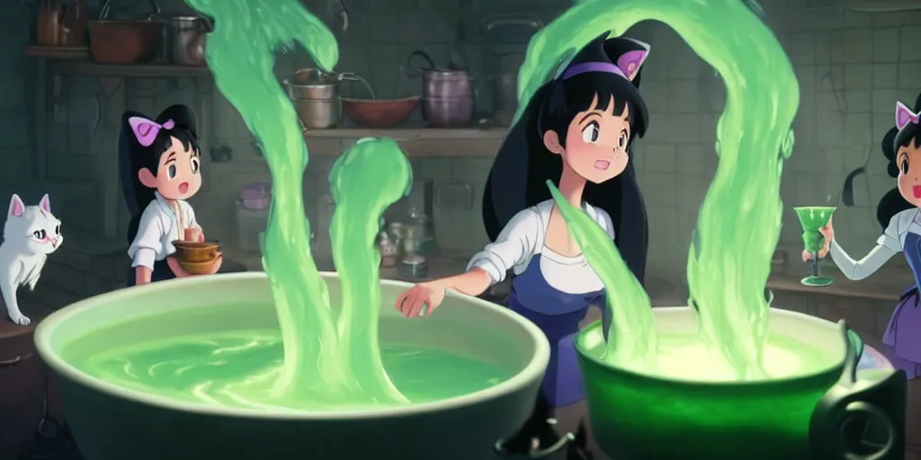 Image similar to a wholesome animation key shot of a ariana grande with black hair as a witch cooking a magic potion in her cauldron of bubbling green liquid as her cats watch, medium shot, waist up, studio ghibli, pixar and disney animation, sharp, rendered in unreal engine 5, anime key art by greg rutkowski, bloom, dramatic lighting