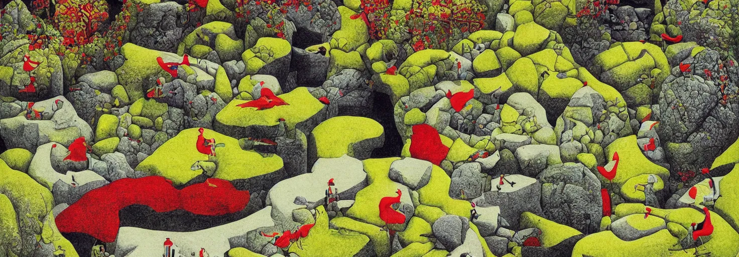 Image similar to a rock garden by m. c. escher, yellow, green, red, snowy, ultra sharp, ultra detailed, cyberpunk, happy, uplifting, colorized by salvador dali