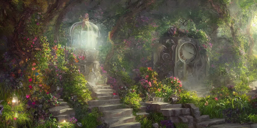 Prompt: garden of time and space, trending on artstation, dreamy