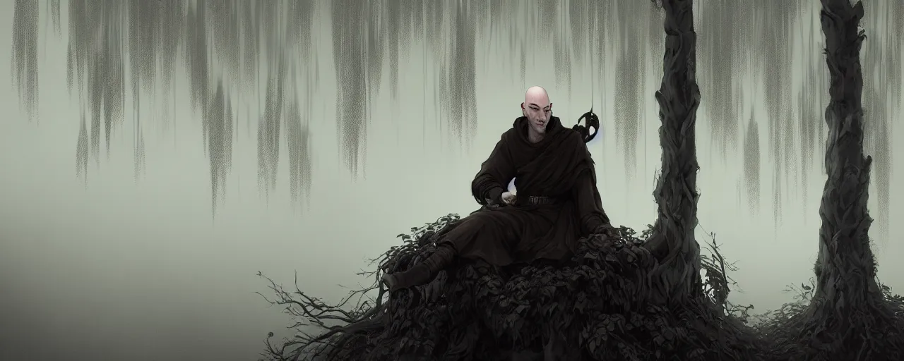 Image similar to duotone noir illustration close up of bald merchant demon sitting in midair among willow tree in medieval brown tunic. foggy evening. dark dream atmosphere with volumetric hellish lighting, by sachin teng and sergey kolesov and ruan jia and heng z. graffiti art, scifi, fantasy, hyper detailed. octane render. concept art. trending on artstation