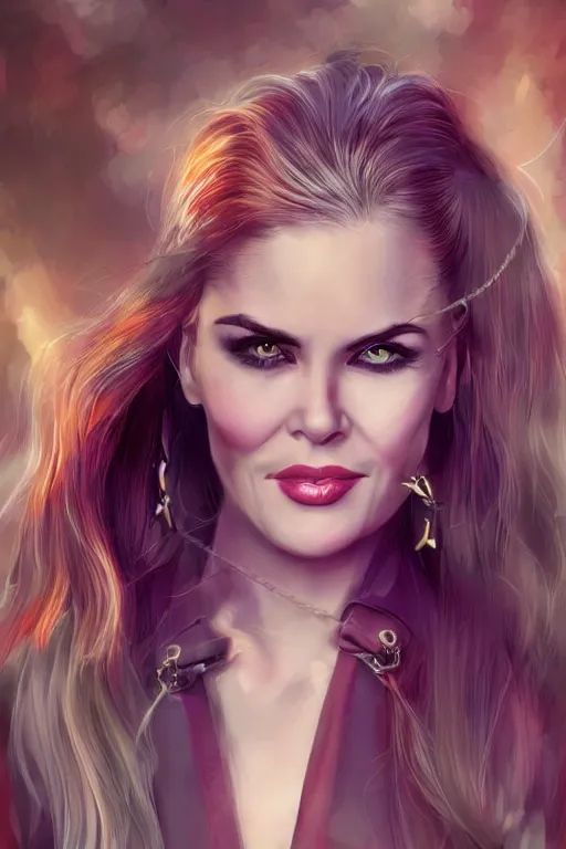 Image similar to mix of beautiful young maria shriver, mariel hemmingway, brooke shields, nicole kidman and elle macpherson as a dominatrix, thin lips, hair tied up in a pony tail, dark blonde hair, colorful, deviantart, artstation, cgsociety