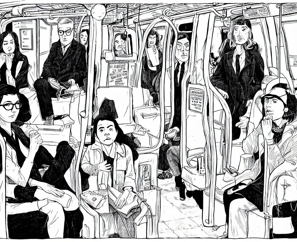 Image similar to a tight detailed ink drawing in the style of Daniel Clowes and Adrian Tomine and Gabrielle Bell, 3/4 view wide shot of only two people: a sad woman in a parka who looks like Aubrey Plaza, sitting 3 feet from a friendly middle-aged German businessman in a suit, with short blond hair and mustache, in a an empty Chicago subway train