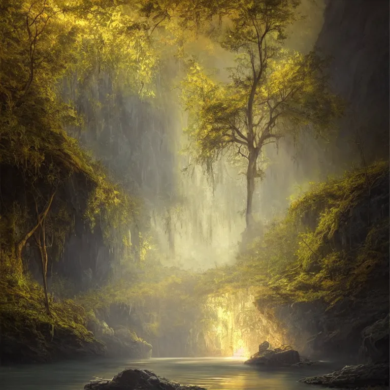 Image similar to A beautiful, highly detailed, very realistic oil painting of a single tree with rainbow leaves, next to a small river, glowing bright blue in the middle of a huge, very dark cave, with lots of dark grey rocks, oil painting by Greg Rutkowski, golden color scheme.