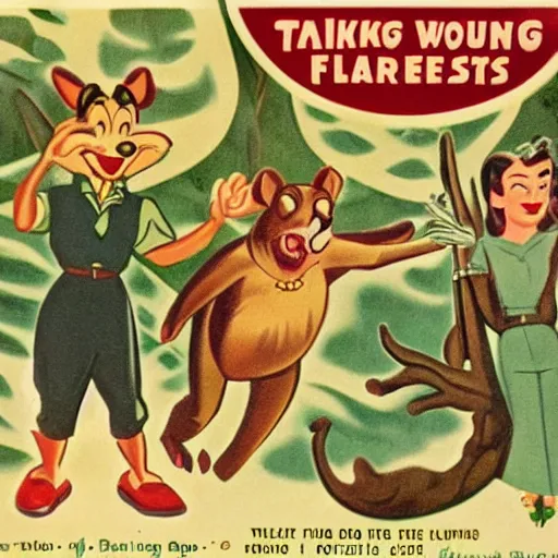 Image similar to 1940s disney film about talking forest animals super high detail