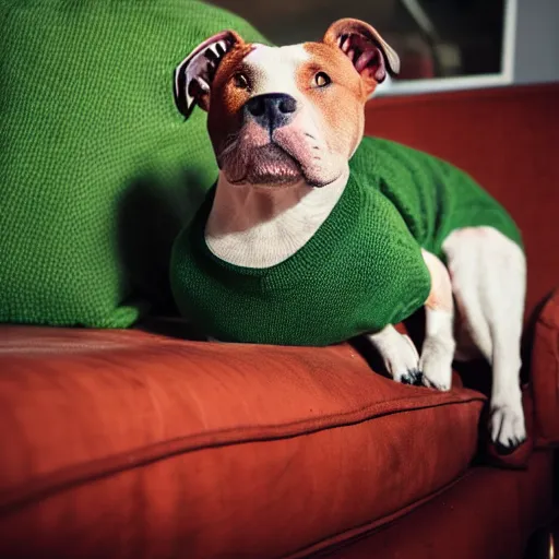 Prompt: American Staffordshire terrier wearing a green sweater, sitting on a sofa, 8k, hdr, instagram photo