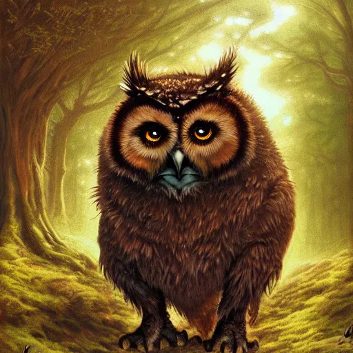 Image similar to three quarter portrait of an owlbear in the forest, d & d, fantasy, michael whelan,