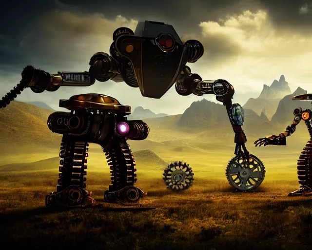 Image similar to two giand futuristic Sci-Fi robot fighting each other, landscape, steampunk, gears, close up, cloudy, mountains on background, peaceful day