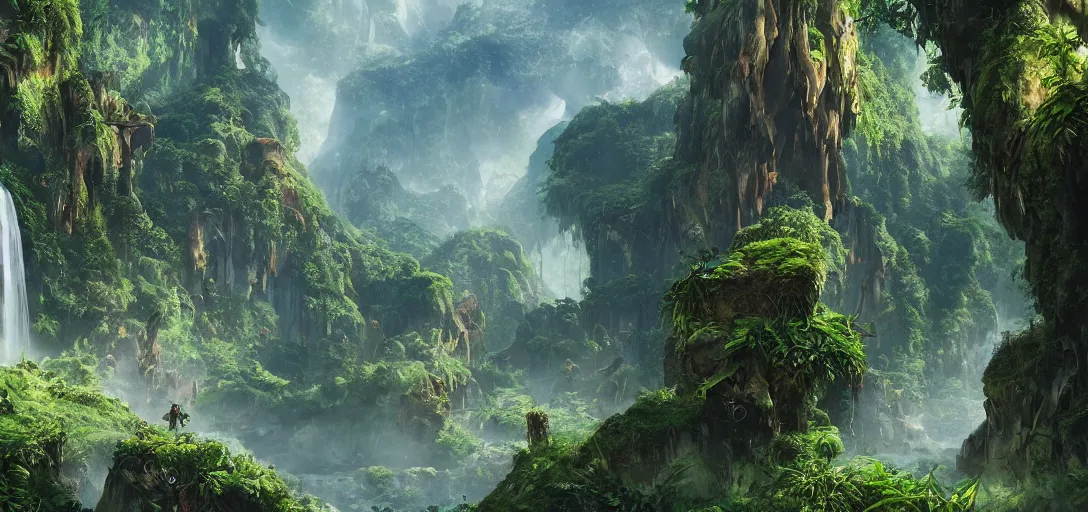 Image similar to the lost valley, rock arcs, lush vegetation, exotic forrest and plants, landscape, alex ross, eddie mendoza, raphael lacoste, sebastian ludke, concept art, matte painting, highly detailed, rule of thirds, dynamic lighting, cinematic, detailed, magnificiant landscape, denoised, centerd