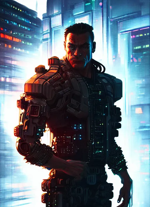 Image similar to van damme as cyberpunk commando, intricate, elegant, glowing lights, highly detailed, digital painting, artstation, glamor pose, epic pose, concept art, smooth, sharp focus, illustration, art by artgerm and greg rutkowski, artey freytag