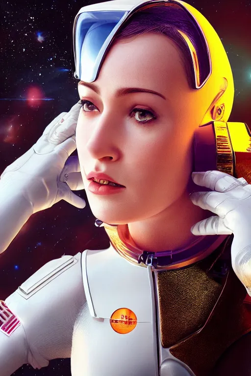 Image similar to hyper - realistic close - up portrait of a modern woman, pale skin, in a spacesuit, in the retrofuturism style