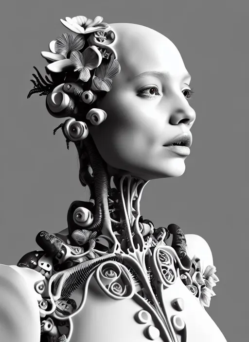 Image similar to monochrome 3 d model, biomechanical beautiful young female cyborg with porcelain profile face and a big floral eye, volumetric light, leaves foliage and stems, hibiscus flowers, boho floral vines, sinuous fine roots, fine foliage lace, alexander mcqueen, rim light, big gothic fashion pearl embroidered collar, steampunk, octane render, 8 k