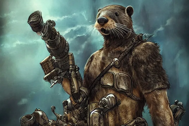 Image similar to a good ol'otter fursona ( from the furry fandom ), heavily armed and armored facing down armageddon in a dark and gritty version from the makers of mad max : fury road. witness me.