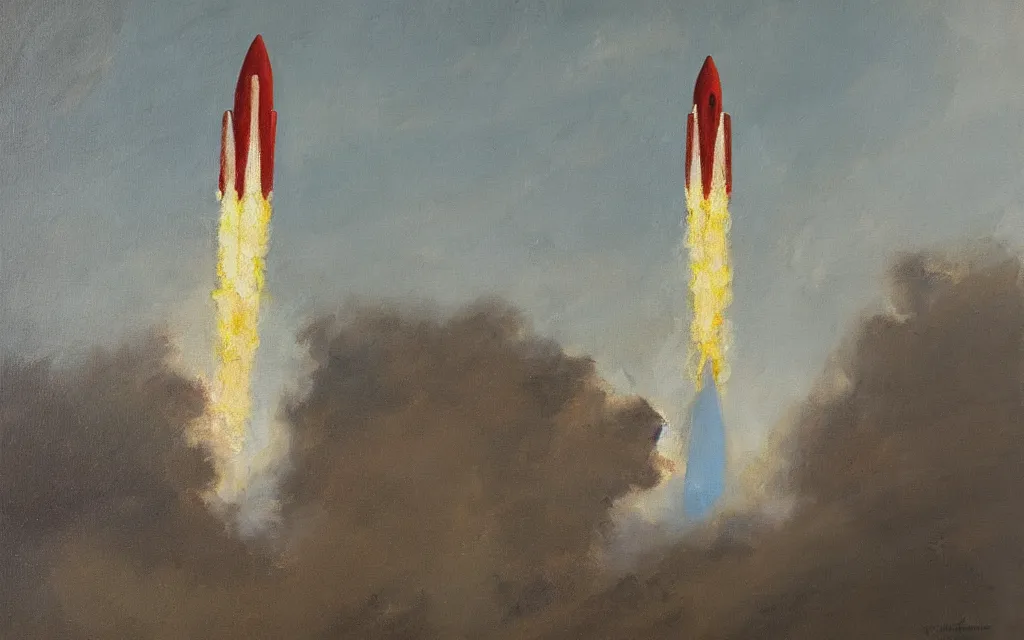 Image similar to a painting of a rocket, by vilhelms purvitis, oil on canvas