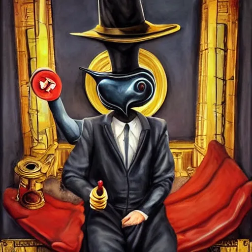 Image similar to hyper realistic painting of a handsome man symmetrical, sitting in a gilded throne, tubes coming out of the man's arm, getting a blood transfusion from a baby. plague doctor in the background created by mike allred