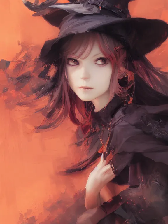 Image similar to Full shot of a cute mischievous young witch about to get up to some trouble. Black and Orange palette. By Ruan Jia and Artgerm and Range Murata and WLOP and CLAMP. Key Art. Fantasy Illustration. award winning, Artstation, intricate details, realistic, Hyperdetailed, 8k resolution.