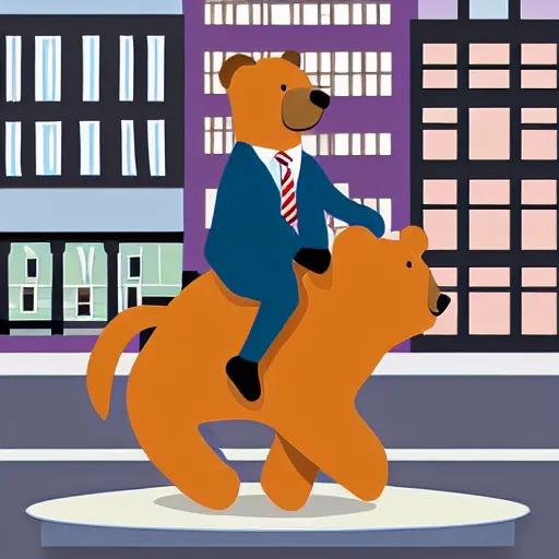 Prompt: digital art of a businessman riding a bear in the city