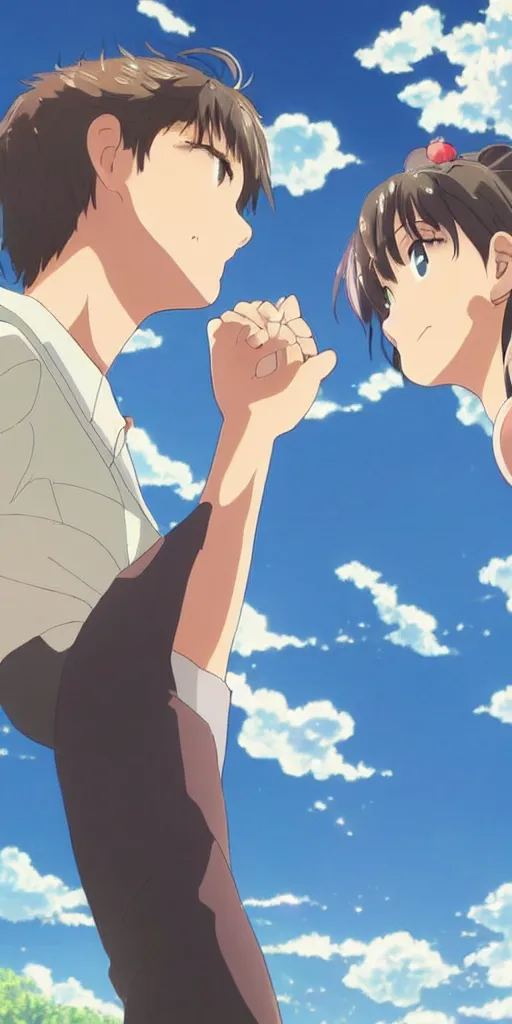 Prompt: a man and a woman holding hands under a beautiful sun drawn like the anime Your Name anime, intricate