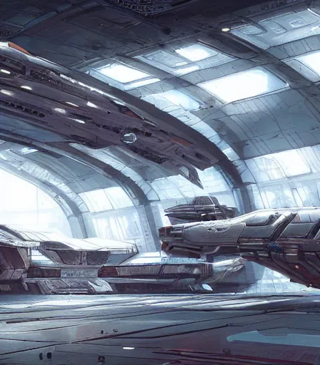 Image similar to highly detailed cyberpunk Spaceship hangar concept art, artstation