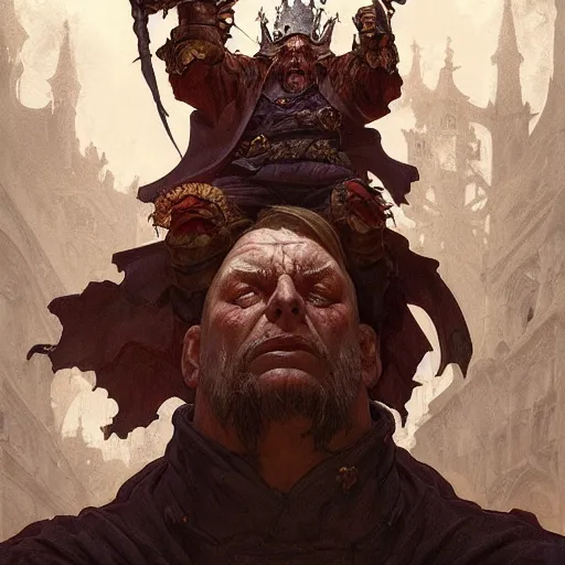 Image similar to portrait of an old powerful medieval king driven mad by disease, highly detailed, digital painting, artstation, concept art, rough, sharp focus, illustration, art by joe madureira and artgerm and greg rutkowski and alphonse mucha