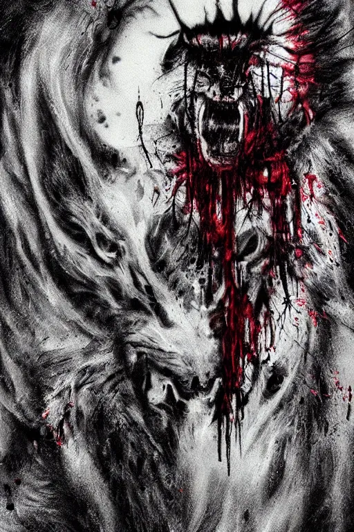 Prompt: grim - wolf, psycho stupid fuck it insane, looks like death but cant seem to confirm, midnight dead bleeding glow colors!, various refine techniques, micro macro autofocus, to hell with you, later confirm hyperrealism, set back dead colors, devianart craze, photograph picture taken by stephen gammell