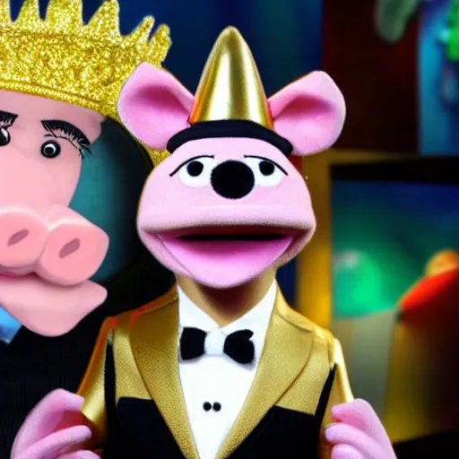 Prompt: news anchor pig wearing a gold crown depicted as a muppet 8k