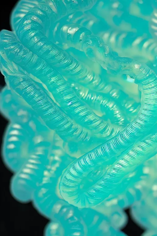 Prompt: high quality macro photo translucent gelatinous worms! gorgeous highly detailed hannah yata elson peter cinematic turquoise lighting high quality low angle hd 8k sharp shallow depth of field