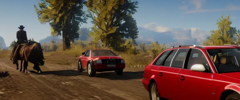 Image similar to Audi A4 B6 Avant (2002) chasing a bandit on a horse in Red Dead Redemption 2