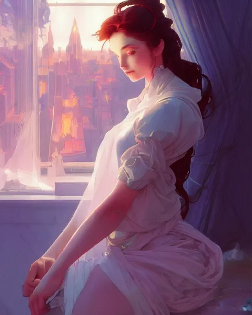 Image similar to princess, posing, vaporwave, bedroom, highly detailed, digital painting, artstation, concept art, smooth, sharp focus, illustration, art by artgerm and greg rutkowski and alphonse mucha